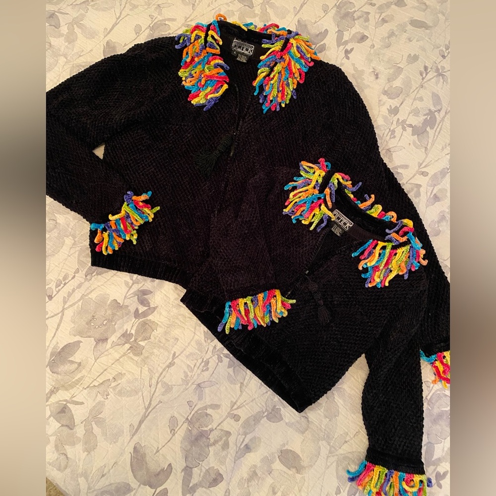 Mother Daughter Berek Black Cardigan Sweaters with Fringe! Size Adult L  kid 6